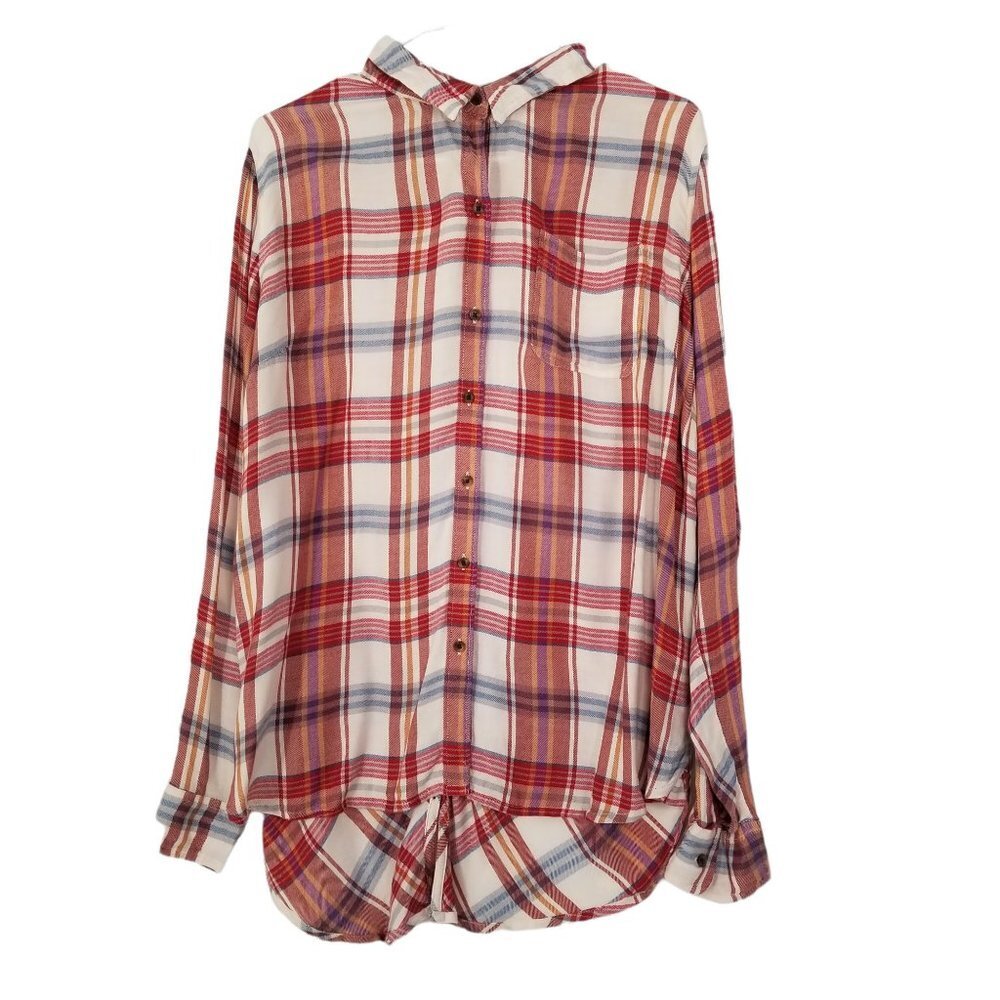 Lucky Brand Women's Red & Cream Striped Long Sleeve Button Down Blouse L…